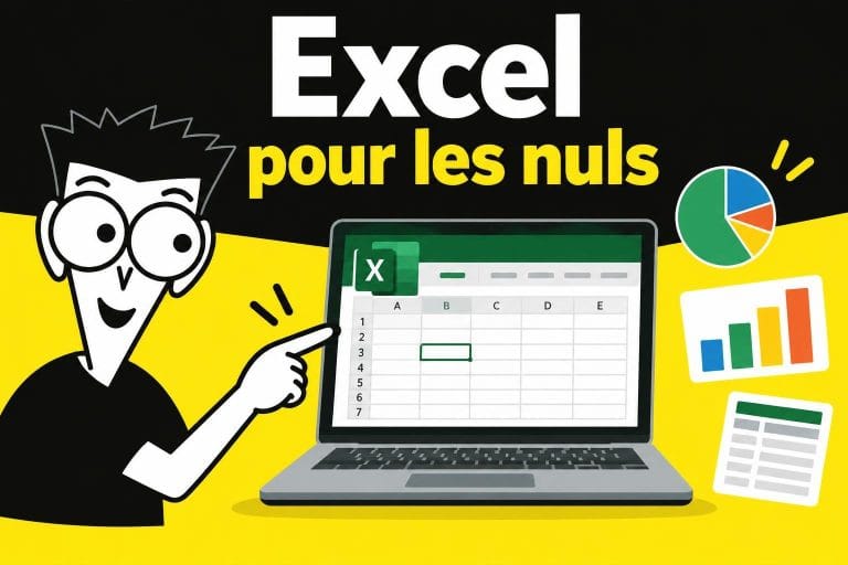 Illustration vectorielle style Pour les Nuls avec personnage souriant devant un ordinateur affichant un tableur Excel et des graphiques simples.
