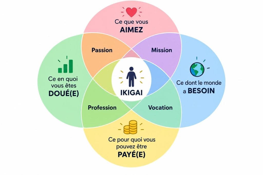 Diagramme vectoriel de l'Ikigai avec quatre cercles colorés intersectés et étiquetés en français : Ce que vous aimez, Ce dont le monde a besoin, Ce pour quoi vous êtes payé, Ce en quoi vous êtes doué.