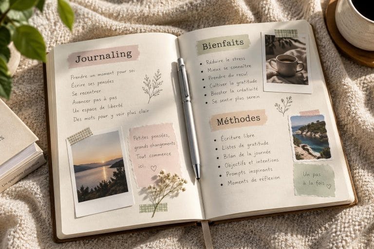 Carnet de journaling ouvert sur un plaid avec stylo, photos et titres manuscrits dans une ambiance lumineuse et cocooning.