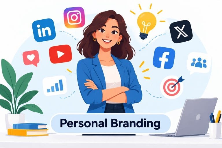 Illustration vectorielle moderne d'un professionnel confiant entouré d'icônes de réseaux sociaux et d'une ampoule, symbolisant la construction d'une marque personnelle attractive.