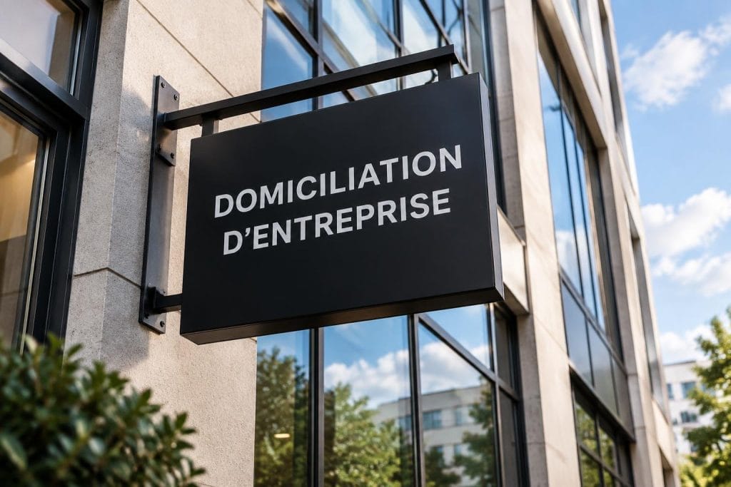 Enseigne noire affichant Domiciliation d'Entreprise suspendue devant une façade de bureau moderne avec de grandes vitrines.