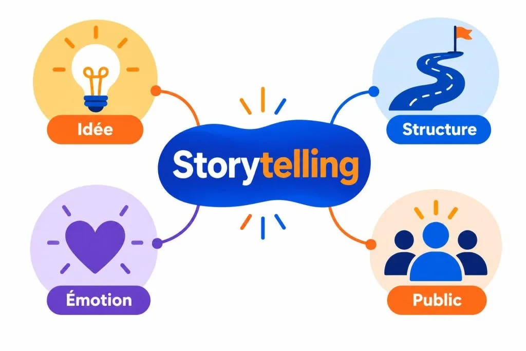 Schéma vectoriel du storytelling reliant les piliers Idée, Structure, Émotion et Public au concept central.
