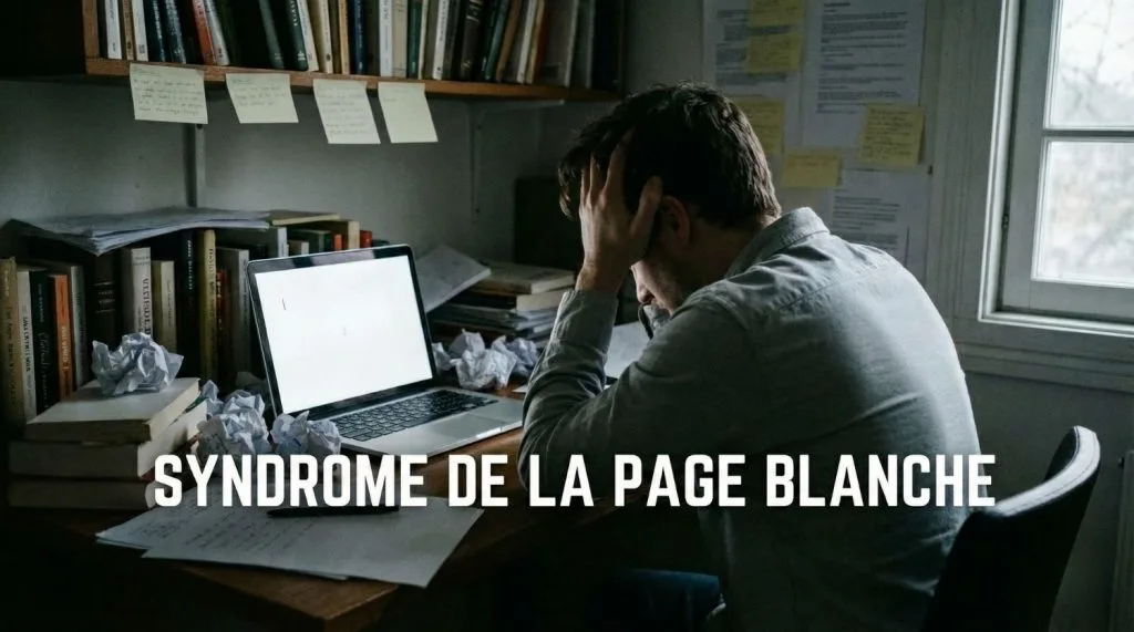 Homme frustré devant un écran vide illustrant le syndrome de la page blanche