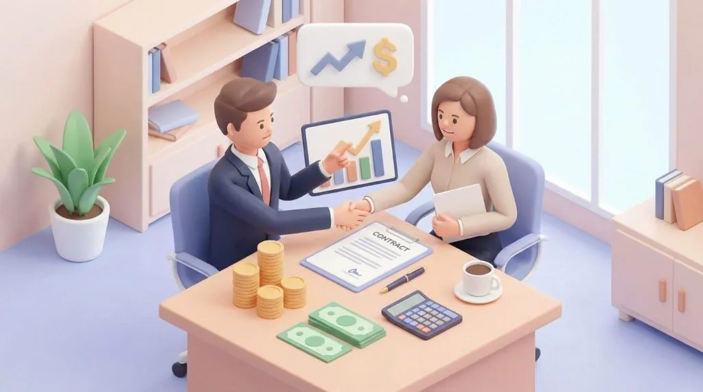 Illustration 3D d'une négociation salariale réussie