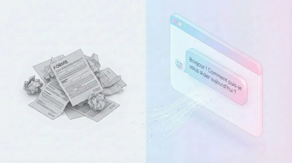 Illustration comparant un formulaire papier complexe à l'interface fluide et conversationnelle de Typeform