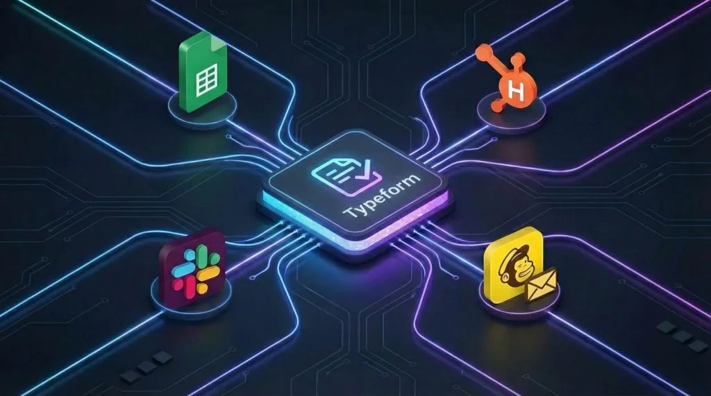 Illustration de l'écosystème d'intégrations Typeform connecté à Slack, Google Sheets et HubSpot