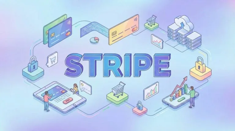 Illustration isométrique 3D du mot Stripe entouré d'éléments de paiement en ligne