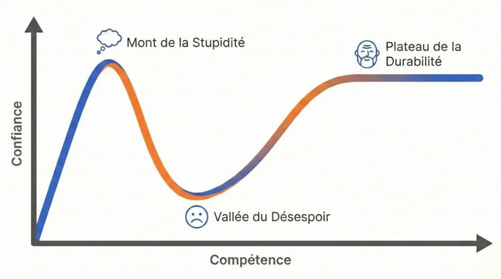 Courbe de l'effet Dunning-Kruger montrant l'évolution de la confiance selon la compétence