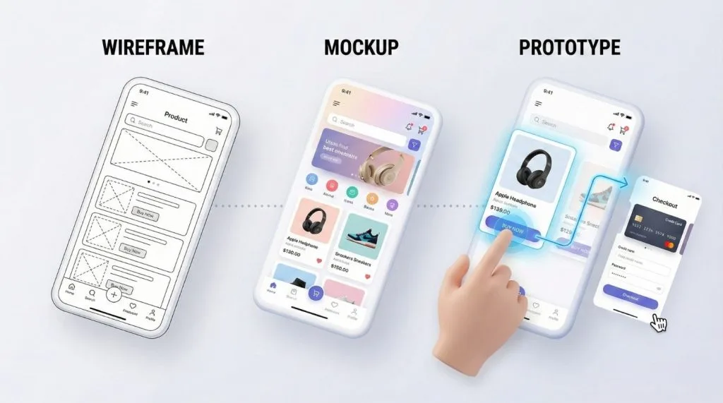 Évolution d'un écran mobile : du Wireframe basse fidélité au Mockup visuel puis au Prototype interactif