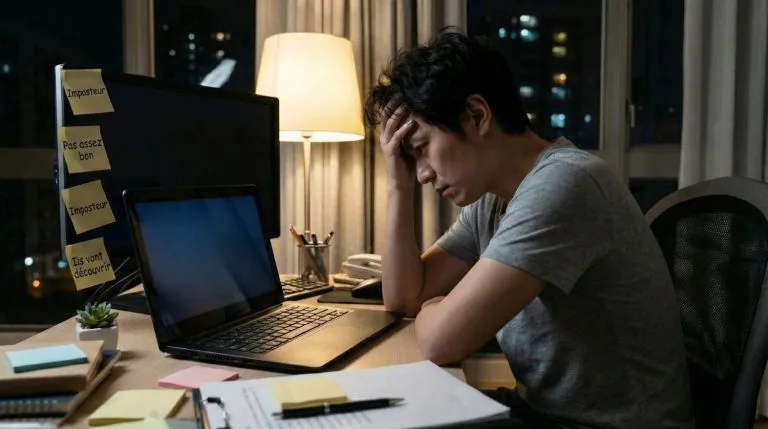 Homme stressé travaillant tard le soir à son bureau, avec des notes sur le syndrome de l'imposteur