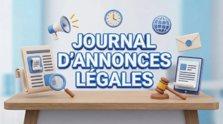 illustration 3d avec le texte journal d'annonces légales et des objets de bureau