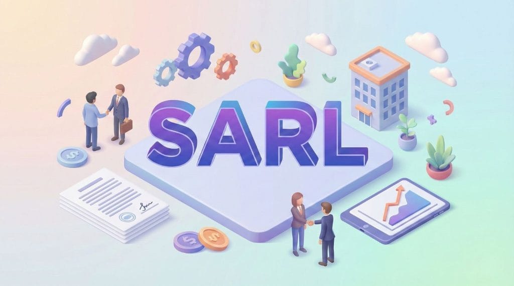 Illustration 3D isométrique du titre SARL entouré d'éléments d'entreprise