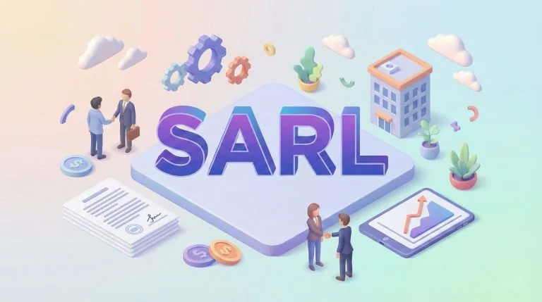 Illustration 3D isométrique du titre SARL entouré d'éléments d'entreprise