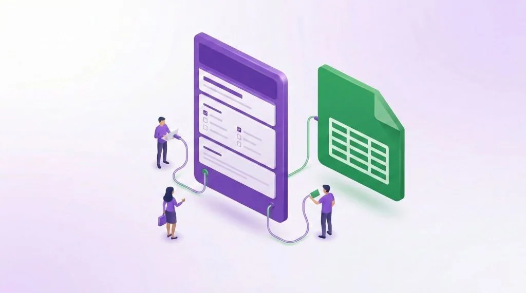 Illustration 3D isométrique montrant un entrepreneur utilisant Google Forms pour collecter des données clients sur ordinateur et mobile