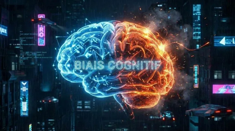 Illustration artistique d'un cerveau humain divisé en deux parties colorées représentant la logique et l'émotion