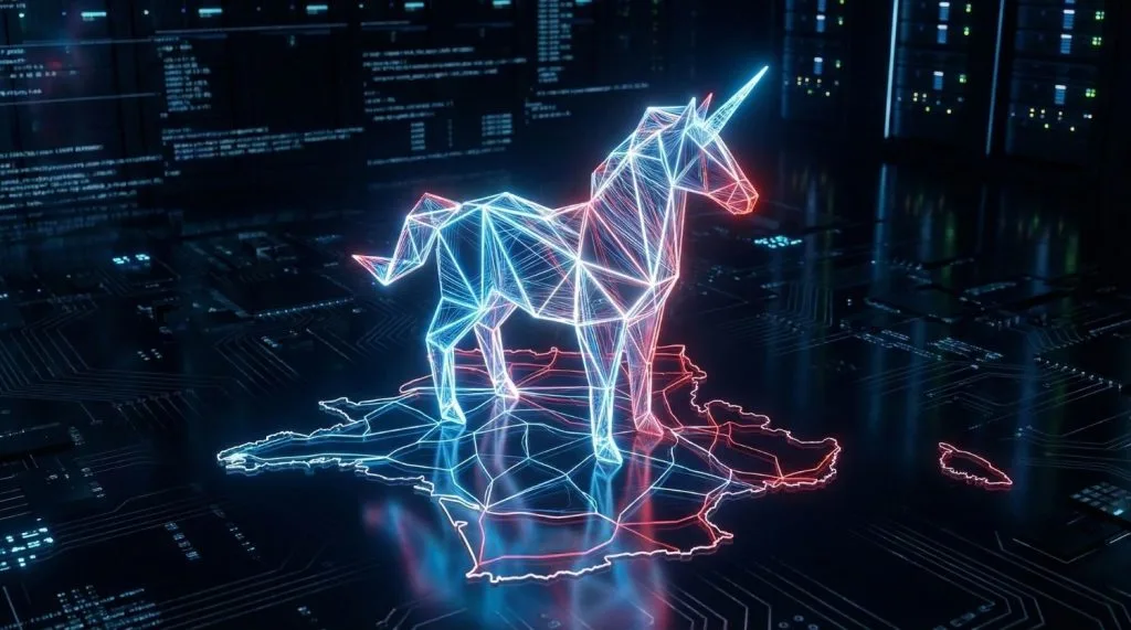 Illustration futuriste d'une licorne digitale aux couleurs de la France représentant la French Tech