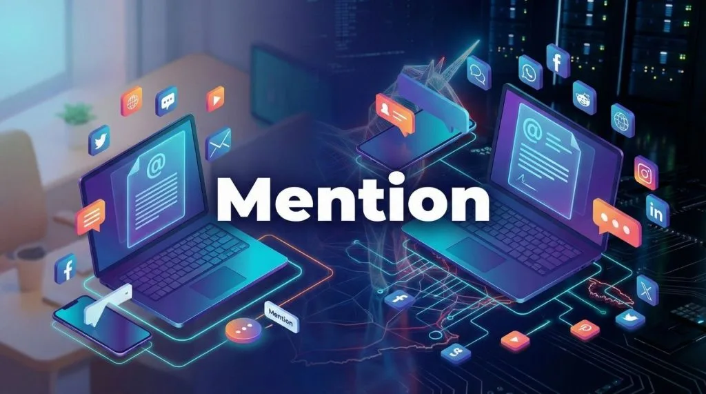 Illustration futuriste du concept de "Mention" sur les réseaux sociaux et supports numériques