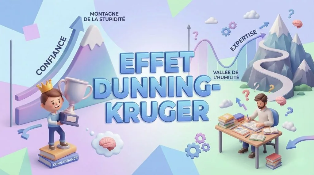 Illustration isométrique 3D de l'effet Dunning-Kruger. Un personnage incompétent mais confiant sur la "Montagne de la Stupidité" fait face à un expert humble étudiant dans la "Vallée de l'Humilité"