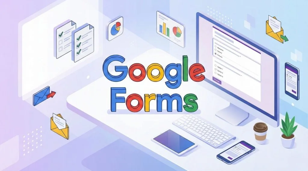 Illustration isométrique d'en-tête de blog pour Google Forms