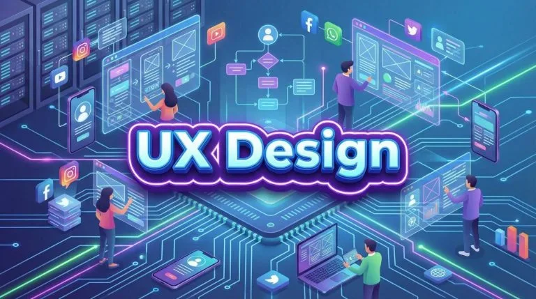 Illustration isométrique d'un article de blog sur le UX Design, avec des designers travaillant sur des interfaces numériques