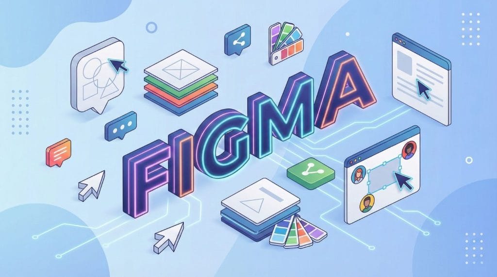 Illustration isométrique et néon 'FIGMA' avec des icônes de conception graphique