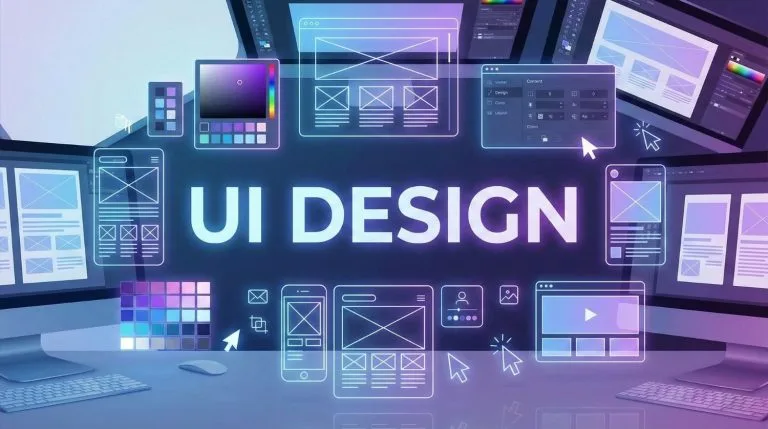 Illustration numérique "UI DESIGN" avec wireframes, palettes et interfaces