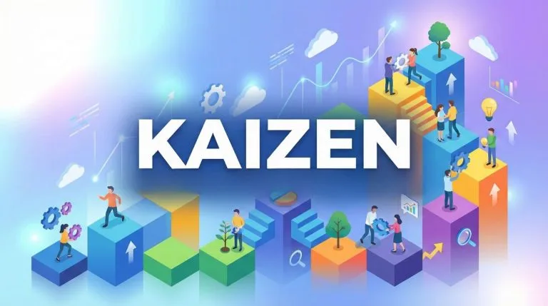 Illustration symbolisant la méthode Kaizen : alliance de la sérénité zen japonaise et de la productivité moderne