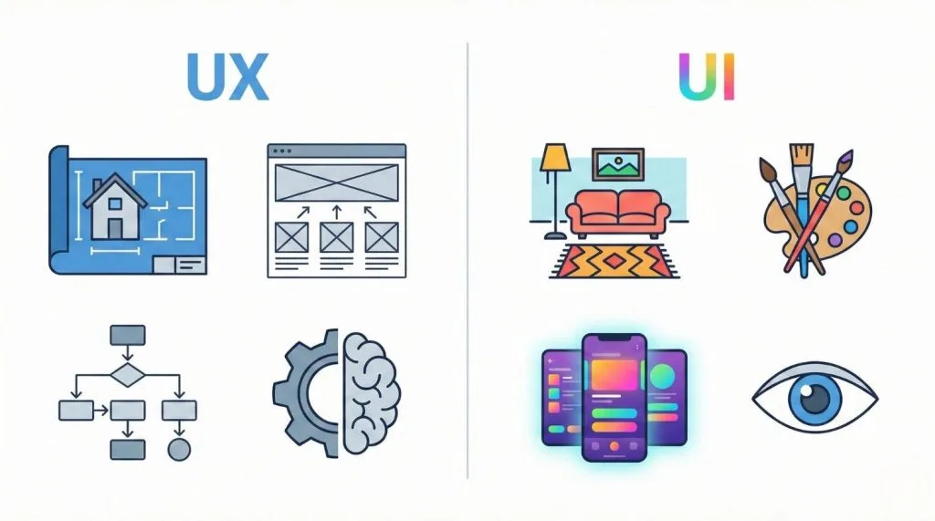 Infographie comparant les différences entre UX Design (structure) et UI Design (visuel)
