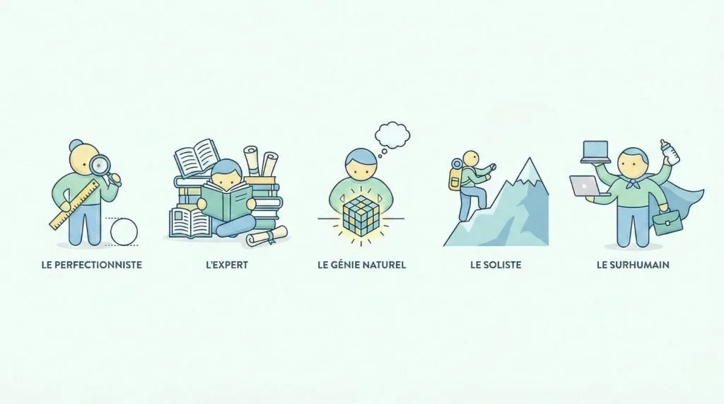 Infographie présentant les 5 types de syndrome de l'imposteur : Le Perfectionniste, L'Expert, Le Génie Naturel, Le Soliste et Le Super-Héros