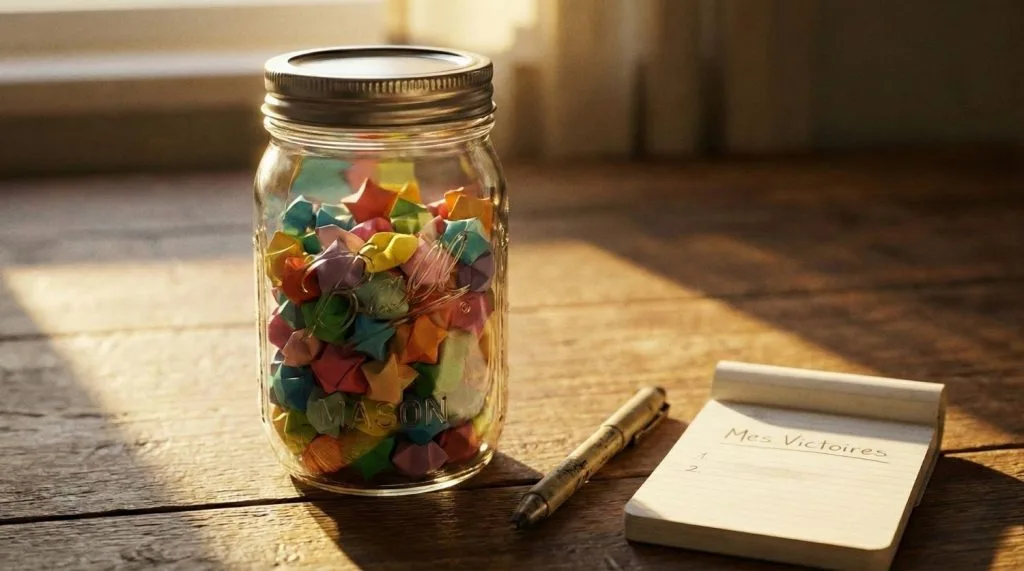 Photo d'un bocal de la réussite rempli de papiers colorés posé sur un bureau, exercice pour vaincre le syndrome de l'imposteur