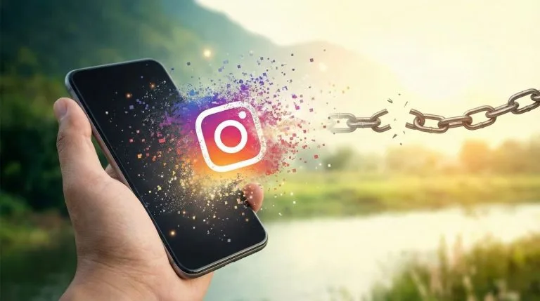 Suppression de compte Instagram symbolisée par un logo se désintégrant et une chaîne brisée
