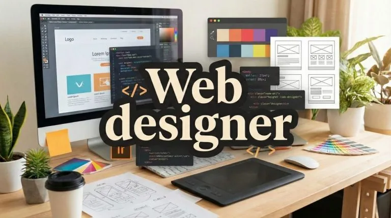 Bannière "Web designer" sur un bureau avec outils de création