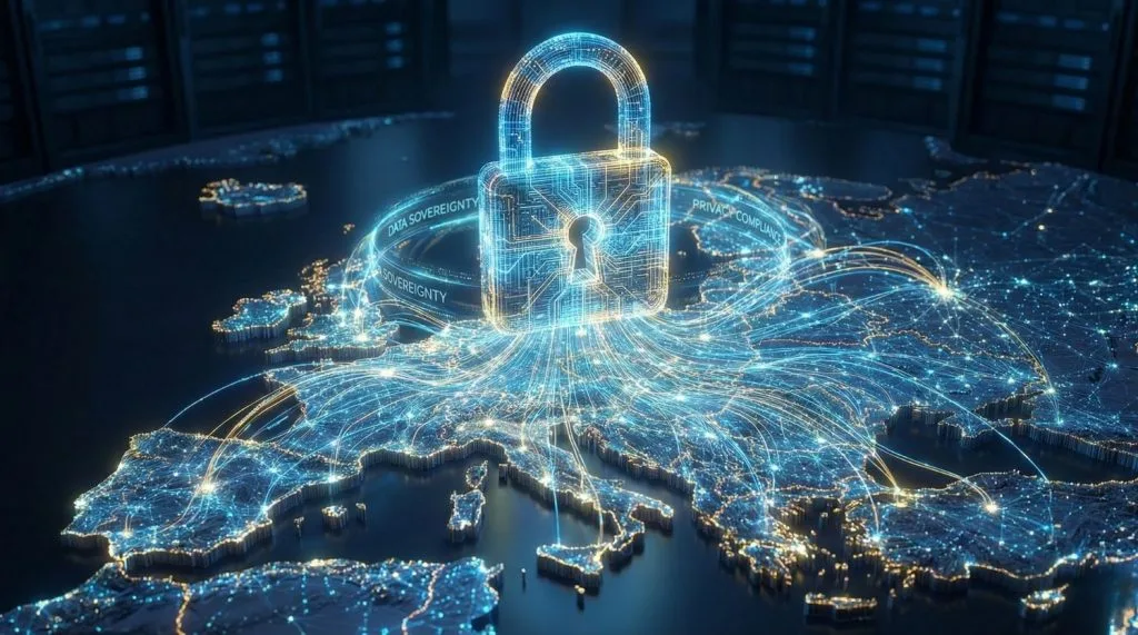 Cadenas numérique sur une carte de l'Europe symbolisant la conformité RGPD et la souveraineté des données de l'IA