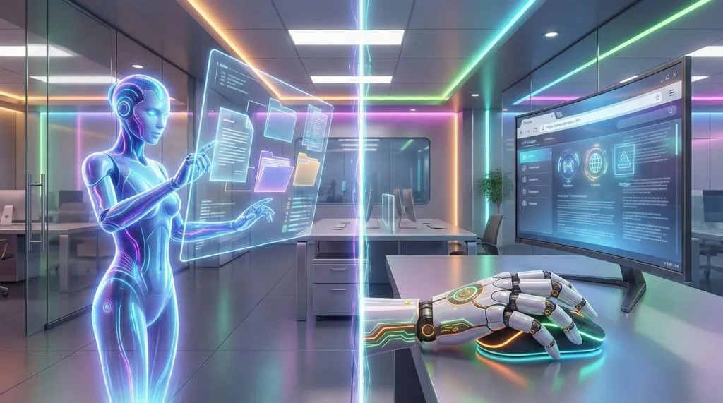 Illustration d'agents logiciels autonomes de bureau naviguant sur internet et classant des dossiers