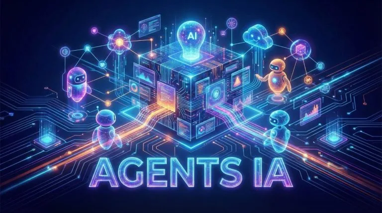 Illustration futuriste avec des robots et le titre centré "AGENTS IA"