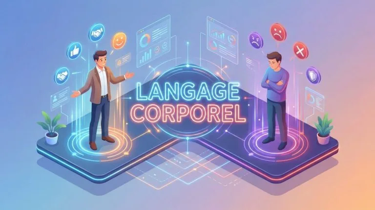 llustration 3D avec le titre néon 'LANGAGE CORPOREL'