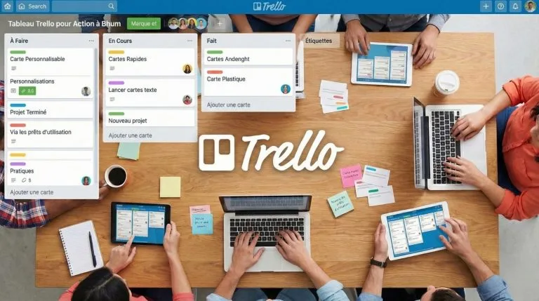 Un groupe de personnes autour d'une table, utilisant des ordinateurs et des tablettes avec un tableau Trello