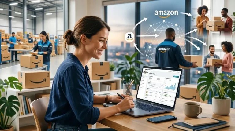 femme gérant son commerce en ligne sur un ordinateur portable à son bureau, entourée d'un diagramme visuel expliquant le processus de dropshipping Amazon