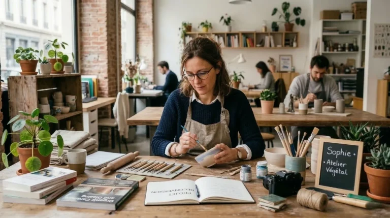 une artisane en reconversion professionnelle un bol en céramique a sa table d'atelier