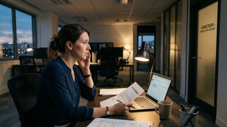 Une femme anxieuse au bureau tenant une lettre de démission devant la porte du directeur