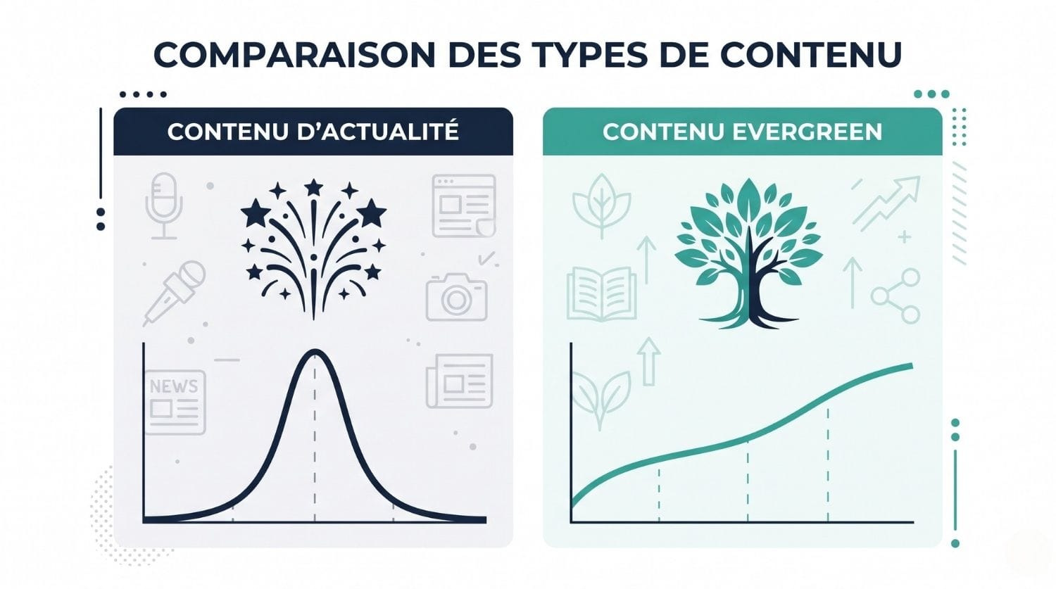 Infographie comparatif des types de contenu d'actualtité et evergreen