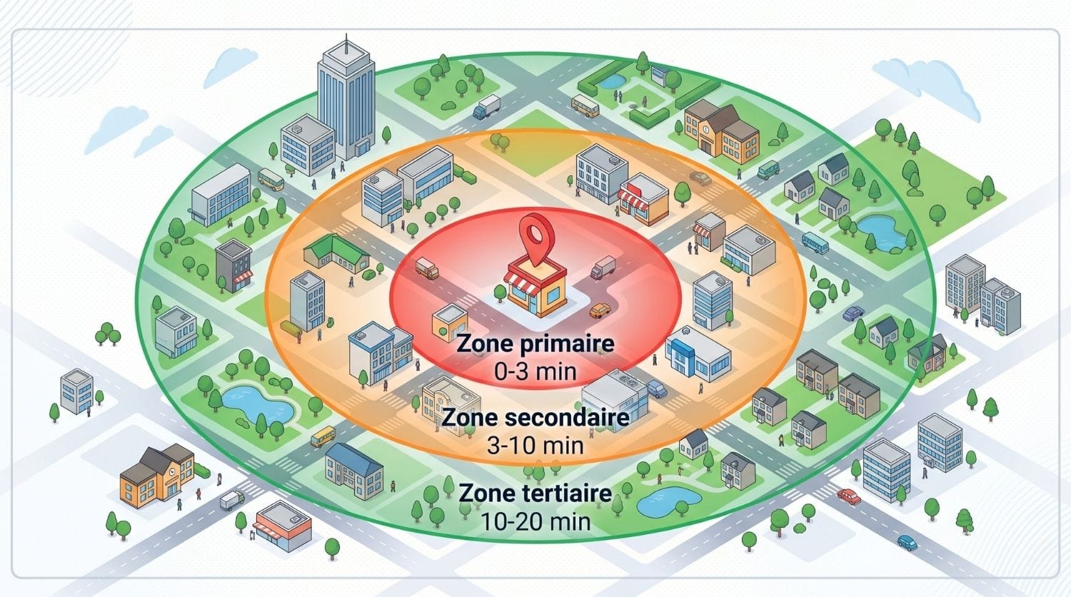 Schéma des 3 zones de chalandise
