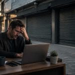 Entrepreneur assis devant un ordinateur portable avec en arrière-plan un local commercial fermé, illustrant la décision de cessation d'activité.