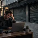 Entrepreneur assis devant un ordinateur portable avec en arrière-plan un local commercial fermé, illustrant la décision de cessation d'activité.