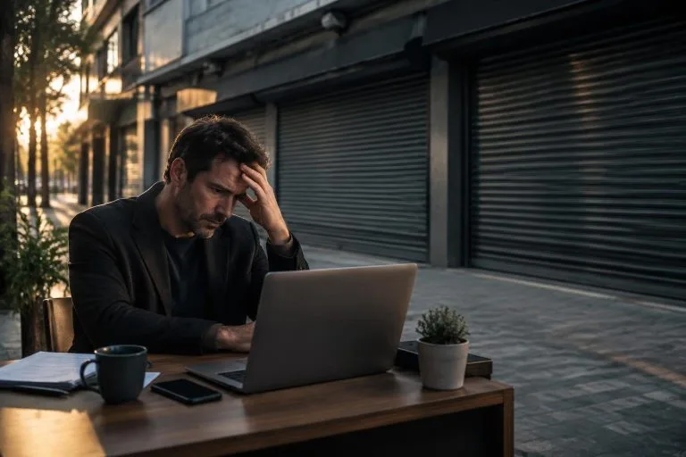 Entrepreneur assis devant un ordinateur portable avec en arrière-plan un local commercial fermé, illustrant la décision de cessation d'activité.
